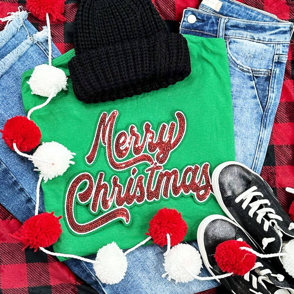 RED SEQUIN Merry Christmas Chenille Patch